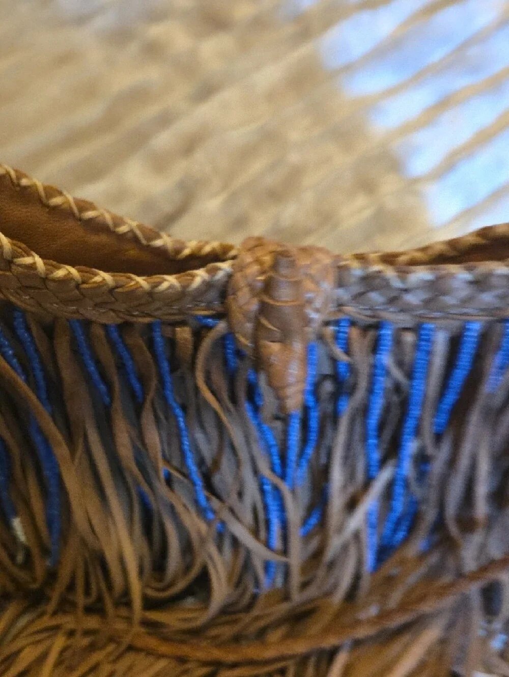 Anthropologie Leather Fringe Crossbody Bag with Blue & Cream Beaded Accent - Picture 5 of 11